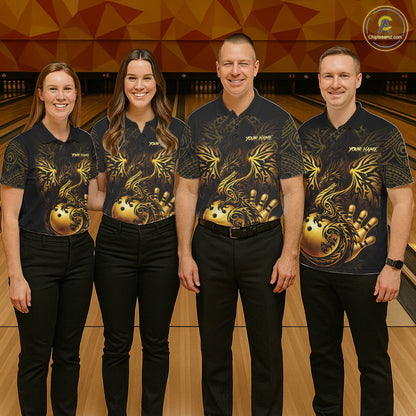 Custom Black And Gold tribal Dragon Bowling Shirts For Men, Dragon Bowling Team Shirts Uniform NQS11534