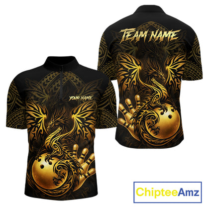 Custom Black And Gold tribal Dragon Bowling Shirts For Men, Dragon Bowling Team Shirts Uniform NQS11534