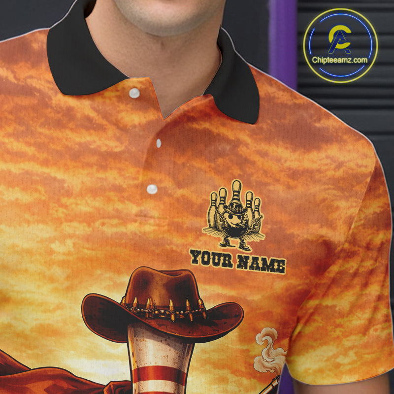 Custom Funny Desert Bowling Cowboy gun bowling team shirts For Men, Bowling Polo, 1/4 zip jerseys NQS11536