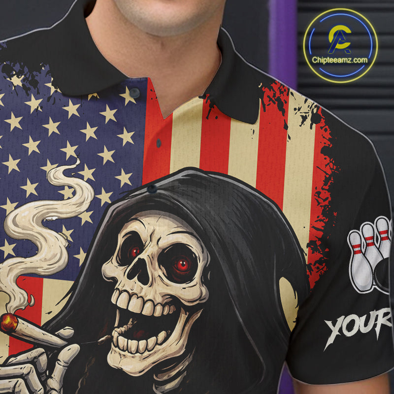 Custom American Flag Skull Bowling shirts For Men, patriotic team Bowling jerseys gift for bowlers NQS11538