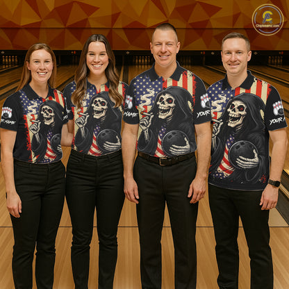 Custom American Flag Skull Bowling shirts For Men, patriotic team Bowling jerseys gift for bowlers NQS11538