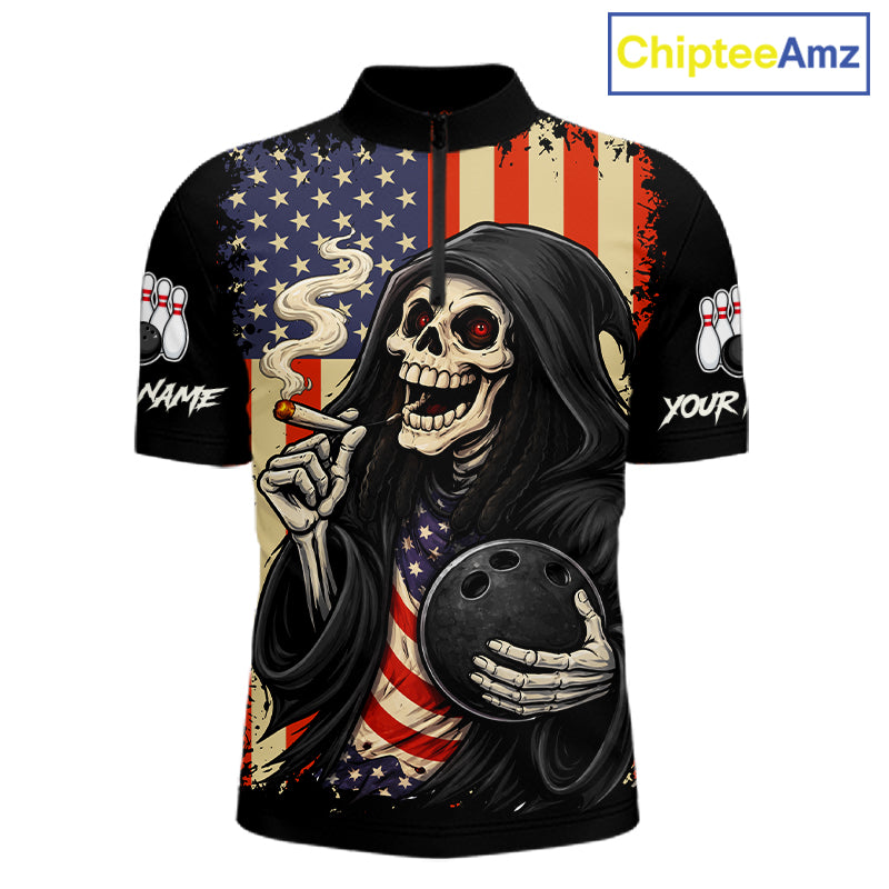 Custom American Flag Skull Bowling shirts For Men, patriotic team Bowling jerseys gift for bowlers NQS11538
