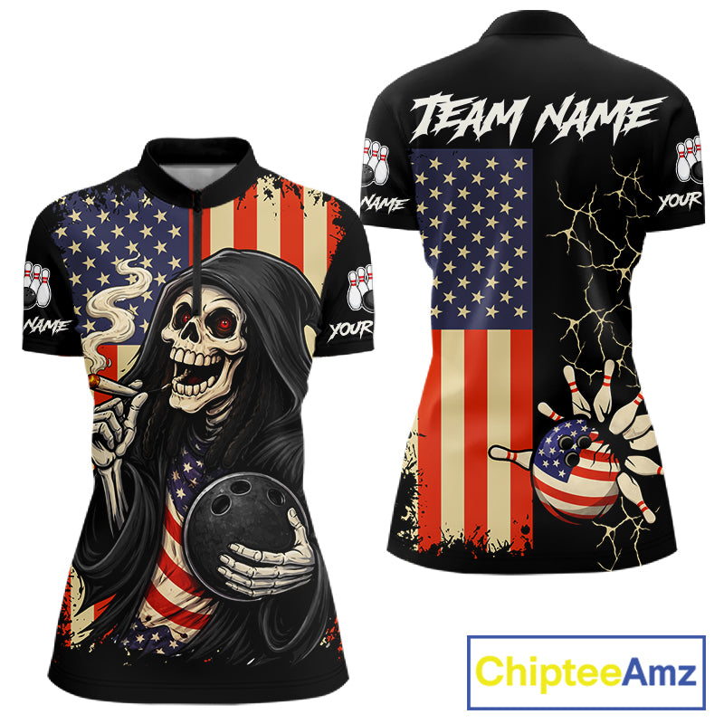 Custom American Flag Skull Bowling shirts For Women, patriotic team Bowling jerseys gift for bowlers NQS11538