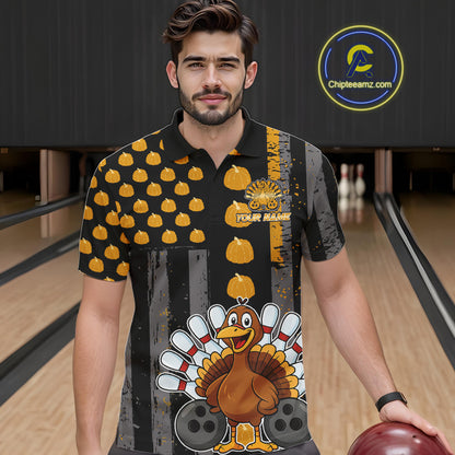 Funny Bowling Shirts For Men Pumpkin American Flag Turkey Thanksgiving Custom Team turkey bowl shirts NQS10943
