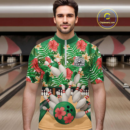 Green tropical flower Bowling Polo, Quarter Zip Shirts For Men Custom bowling team jersey NQS10945