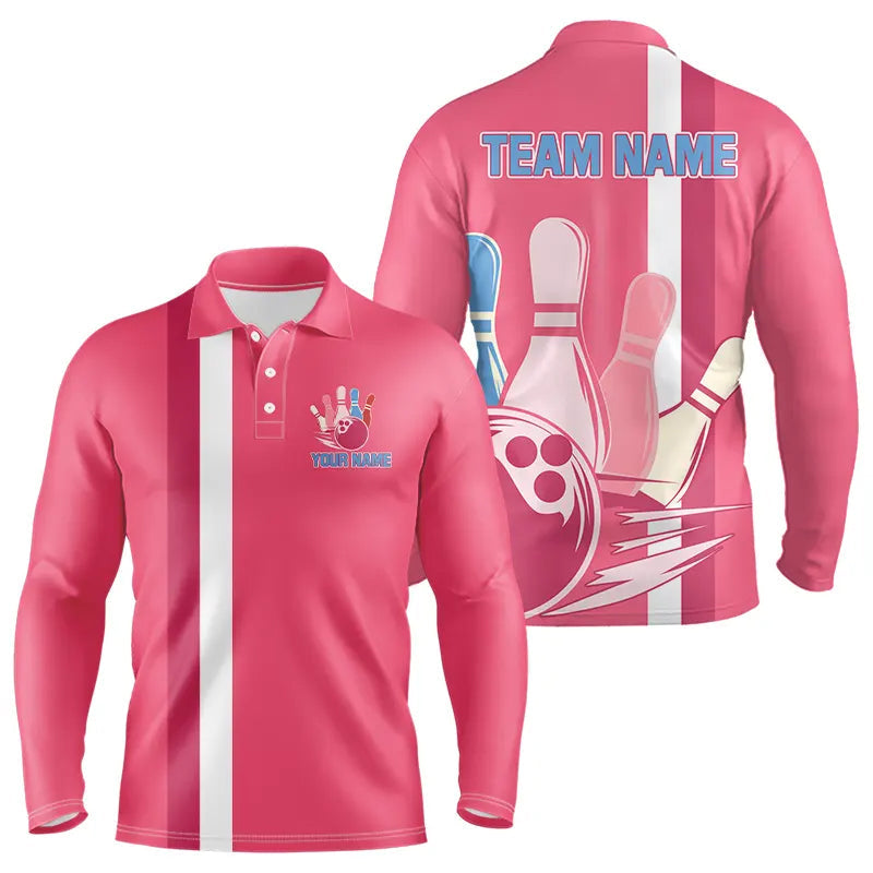 Retro Mens Bowling Polo, Quarter Zip shirt Custom team bowling jerseys, vintage bowling uniform | Pink NQS9275