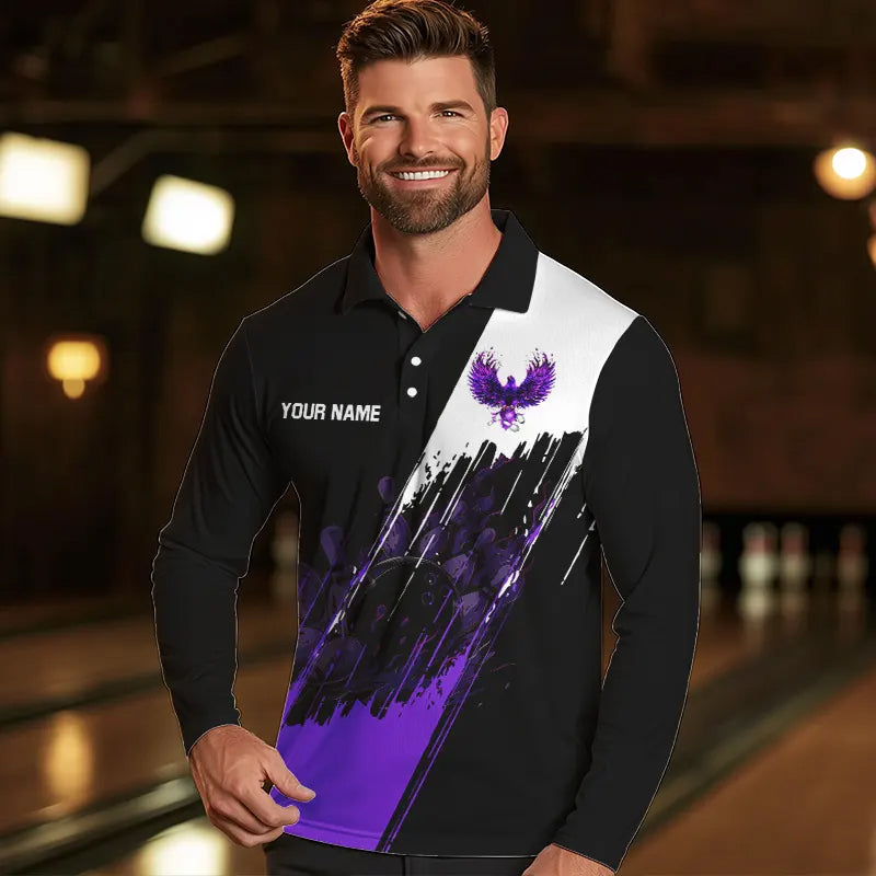 Black and Purple Eagle bowling jerseys Polo, Quarter Zip Shirt for Men Custom Bowling Team shirts NQS9437