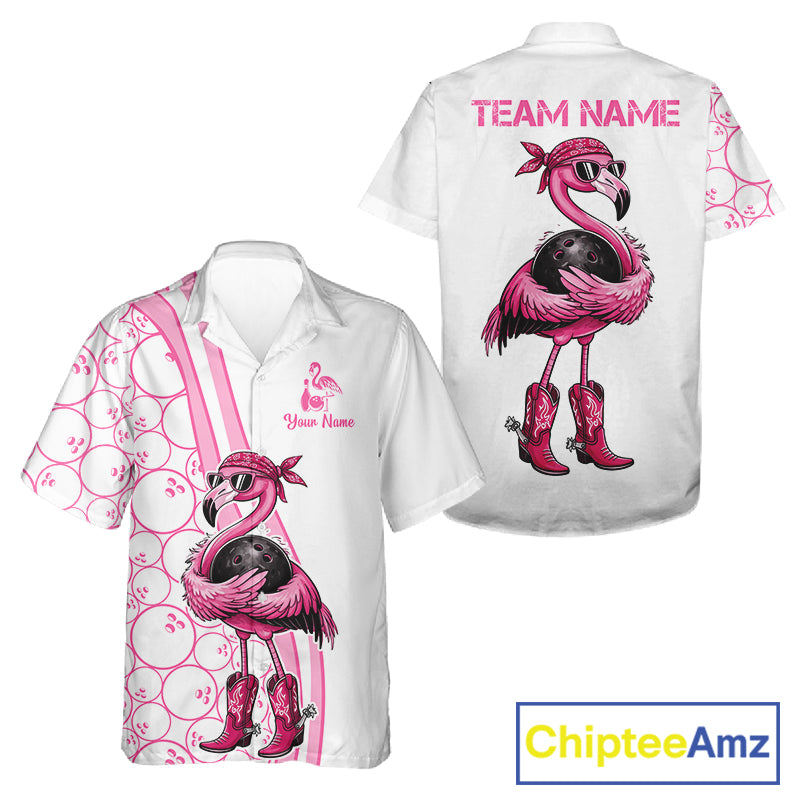 Funny Cute Pink Flamingo Custom White & Pink Bowling Hawaiian Shirts, Flamingo Bowling Team Outfits NQS11544