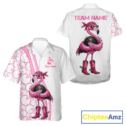 Funny Cute Pink Flamingo Custom White & Pink Bowling Hawaiian Shirts, Flamingo Bowling Team Outfits NQS11544
