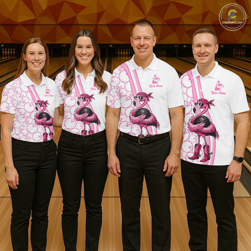 Funny Cute Pink Flamingo Custom White and Pink Bowling Shirts For Men, Flamingo Bowling Team Outfits NQS11544