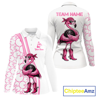 Funny Cute Pink Flamingo Custom White & Pink Bowling Shirts For Ladies, Flamingo Bowling Team Outfits NQS11544
