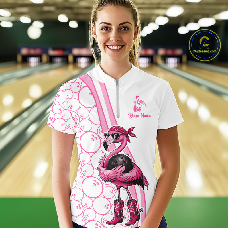 Funny Cute Pink Flamingo Custom White & Pink Bowling Shirts For Ladies, Flamingo Bowling Team Outfits NQS11544