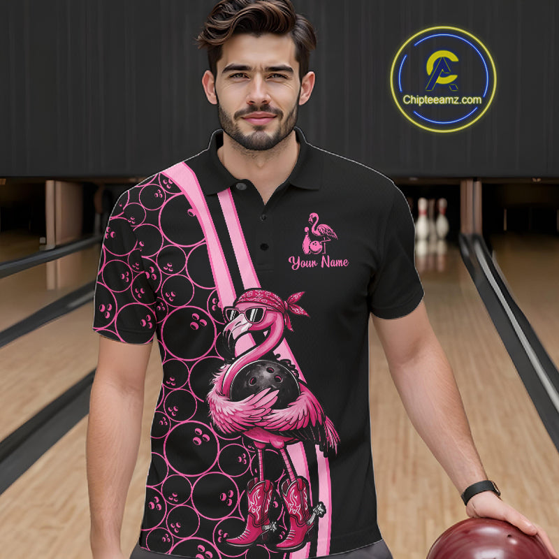 Funny Cute Pink Flamingo Custom Black and Pink Bowling Shirts For Men, Flamingo Bowling Team Outfits NQS11545