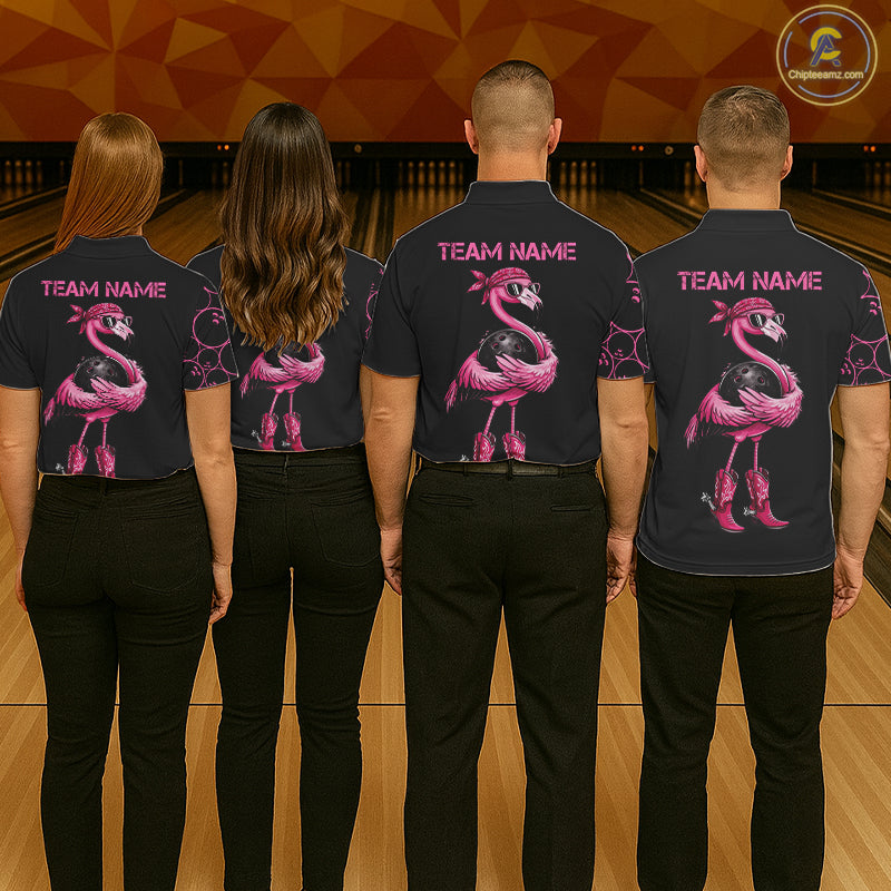 Funny Cute Pink Flamingo Custom Black & Pink Bowling Shirts For Ladies, Flamingo Bowling Team Outfits NQS11545