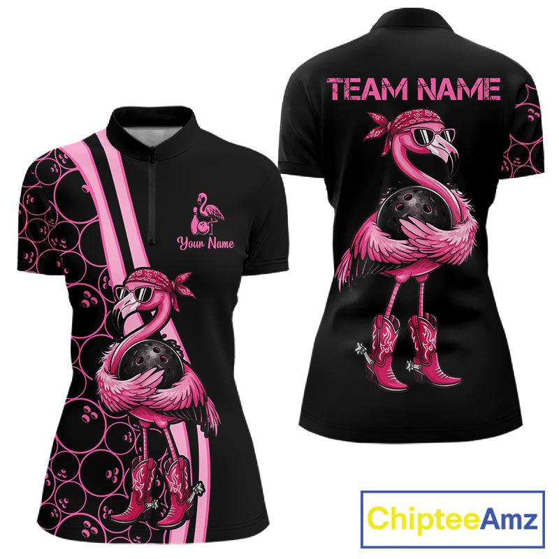 Funny Cute Pink Flamingo Custom Black & Pink Bowling Shirts For Ladies, Flamingo Bowling Team Outfits NQS11545