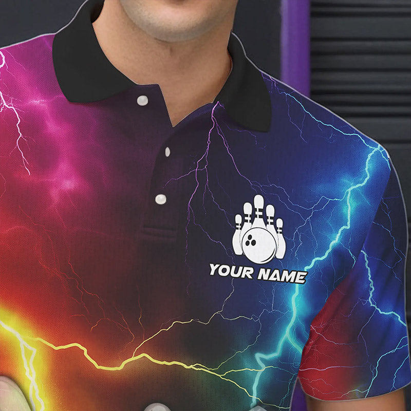 Mens Bowling shirts Custom Colorful Rainbow Lightning Thunder Bowling ball and pins Team bowler Jersey NQS9767