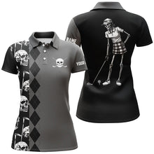 Load image into Gallery viewer, Black skull argyle pattern custom Women golf polo shirts, women's golf tops NQS7681