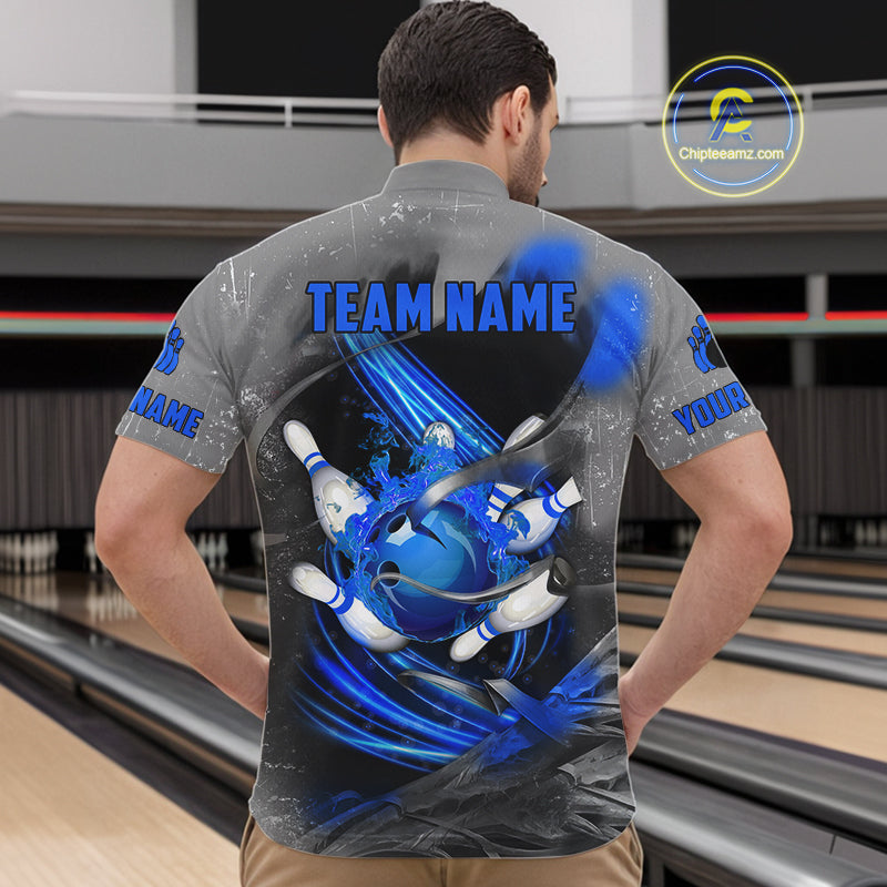 Blue Sugar Skull Tattoo Custom Mens Bowling Polo, Quarter Zip Shirts,Team Bowling Jerseys NQS10947