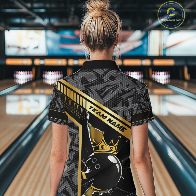 Black Camo and Gold Broken Crown Bowling Ball Bowling Shirts For Women Custom Bowling Team Jerseys NQS11139