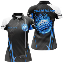 Load image into Gallery viewer, Black and white ladies golf tops custom Blue Flame golf ball Women golf polo shirts, golfing gifts NQS7692