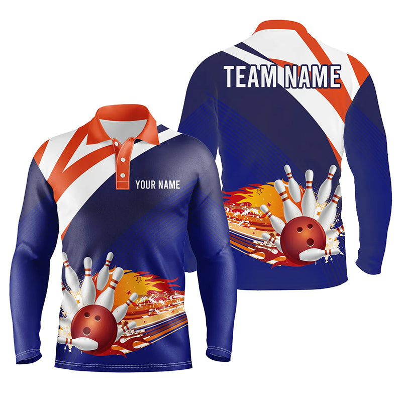 Blue orange personalized bowling shirt for men – custom name design side view