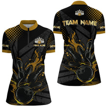Load image into Gallery viewer, Personalized Black and Gold Bowling Polo, 1/4 Zip Shirts For Women, Custom bowling Team Jerseys NQS8358