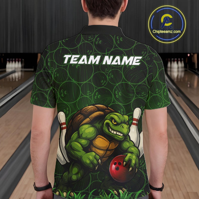 Black and Green Camo Funny Turtle Bowling Polo, Quarter Zip Shirt For Men Custom Team Bowling jerseys NQS11337