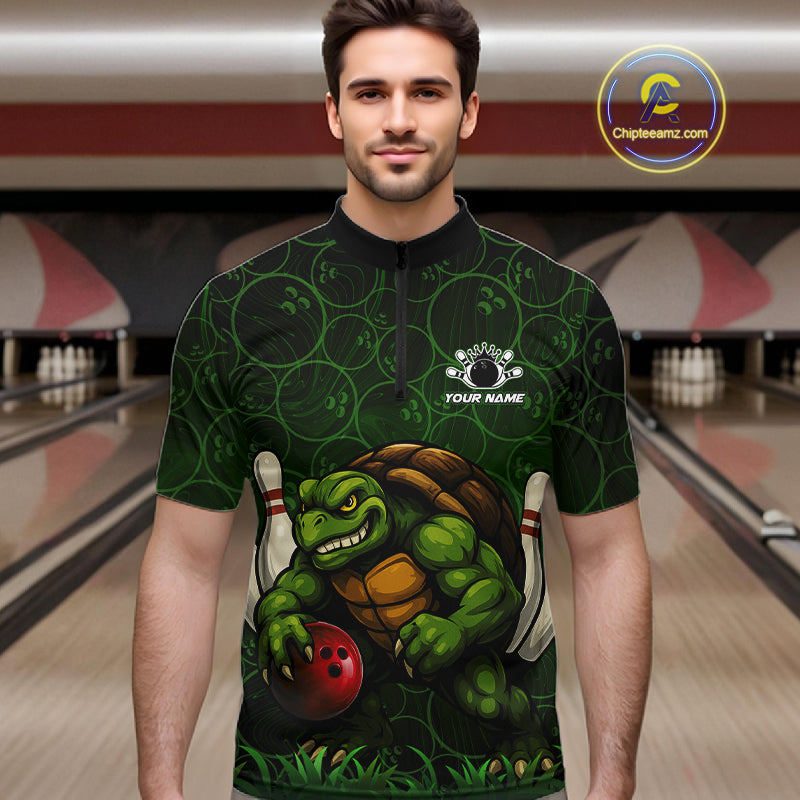 Black and Green Camo Funny Turtle Bowling Polo, Quarter Zip Shirt For Men Custom Team Bowling jerseys NQS11337