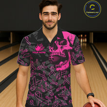 Load image into Gallery viewer, Black Skull camo pink ribbon pattern breast cancer bowling Hawaiian Shirt custom bowling team jersey NQS11549