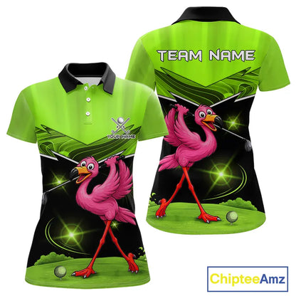 Funny Flamingo Green Women Golf Polo Shirts Custom Flamingo Team ladies golf tops, funny golf gifts NQS11675