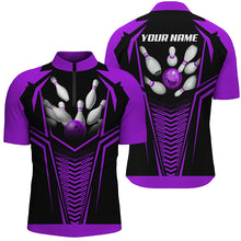 Load image into Gallery viewer, Men Bowling Polo, Quarter Zip Shirts custom Purple and black Bowling Ball and Pins bowling jerseys NQS8136