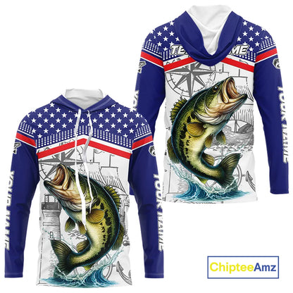 American Flag Largemouth Bass Fishing Custom Bass Long Sleeve Fishing Shirts, Bass Team Jerseys NQS11346