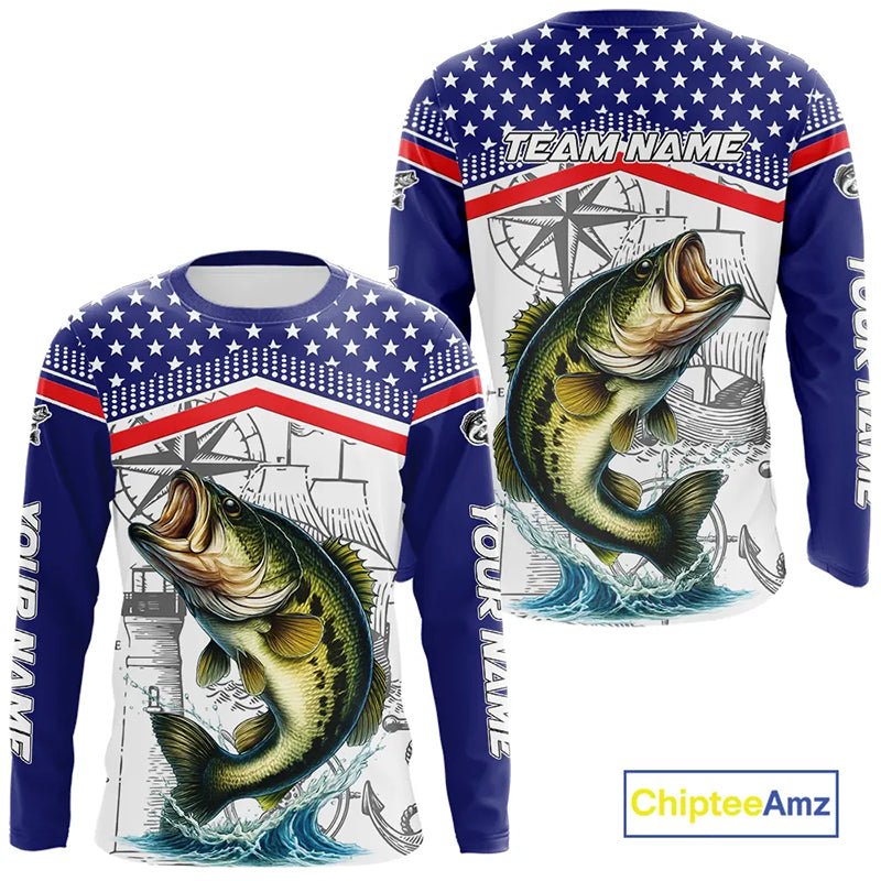 American Flag Largemouth Bass Fishing Custom Bass Long Sleeve Fishing Shirts, Bass Team Jerseys NQS11346