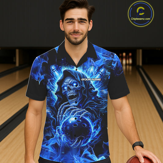 Blue Flame Skull Bowling Hawaiian Shirt Custom Bowling Reaper Team Bowling button up shirt NQS11348