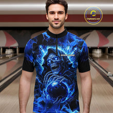 Load image into Gallery viewer, Blue Flame Skull Bowling Polo, 1/4 Zip Shirts For Men Custom Bowling Reaper Team Bowling jersey NQS11348