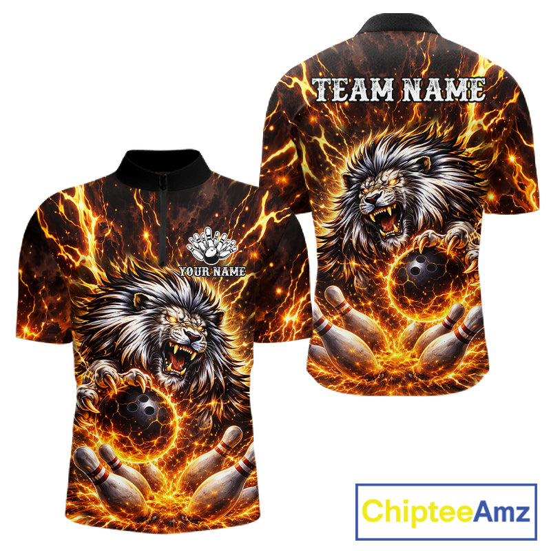 Gold Lightning Thunder Angry Lion Bowling Polo, 1/4 Zip Shirt for Men Custom Lion Bowling Team jersey NQS11681