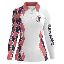 Load image into Gallery viewer, Blue and Pink argyle pattern White Golf Polo Shirt for Women Custom women's golf clothing NQS8575