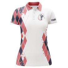 Load image into Gallery viewer, Blue and Pink argyle pattern White Golf Polo Shirt for Women Custom women's golf clothing NQS8575