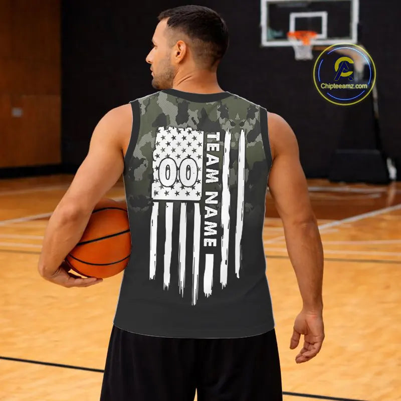 Black and Green Camo Basketball Team Jerseys Custom American Flag Patriotic Basketball Shirts NQS11356
