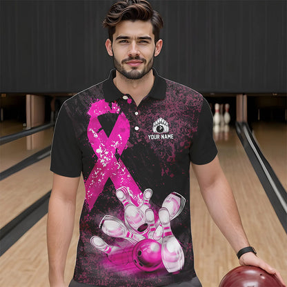 Personalized Pink Ribbons Grunge Bowling Shirts For Men, Custom breast cancer bowling Team shirts NQS9613