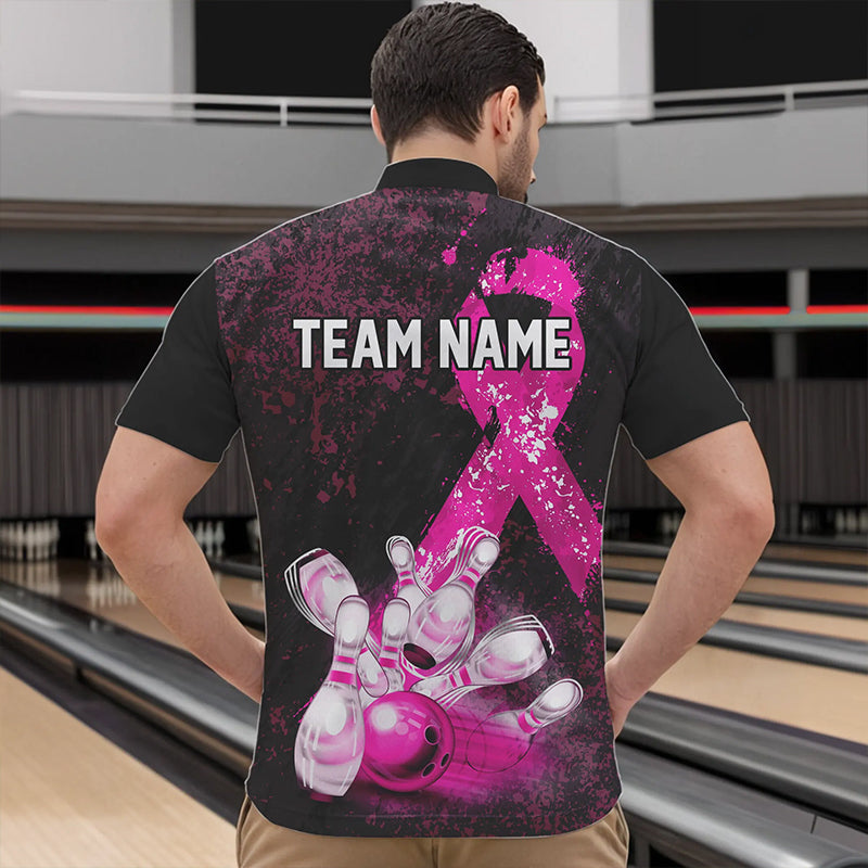 Personalized Pink Ribbons Grunge Bowling Shirts For Men, Custom breast cancer bowling Team shirts NQS9613