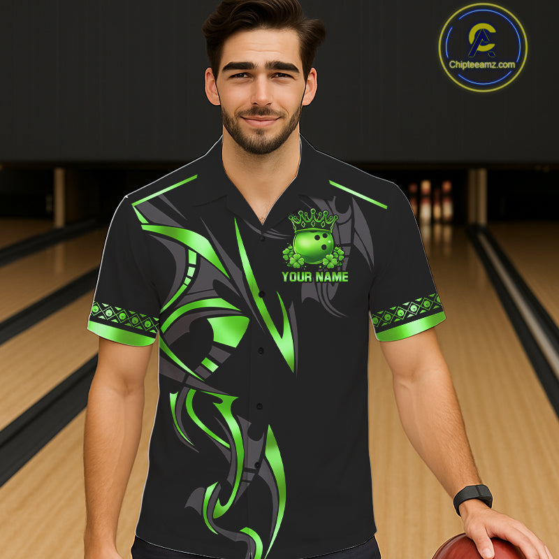 Black and Green clovers St Patrick's Day Bowling Button-up Shirt Custom Hawaiian Bowling Team jerseys NQS11692