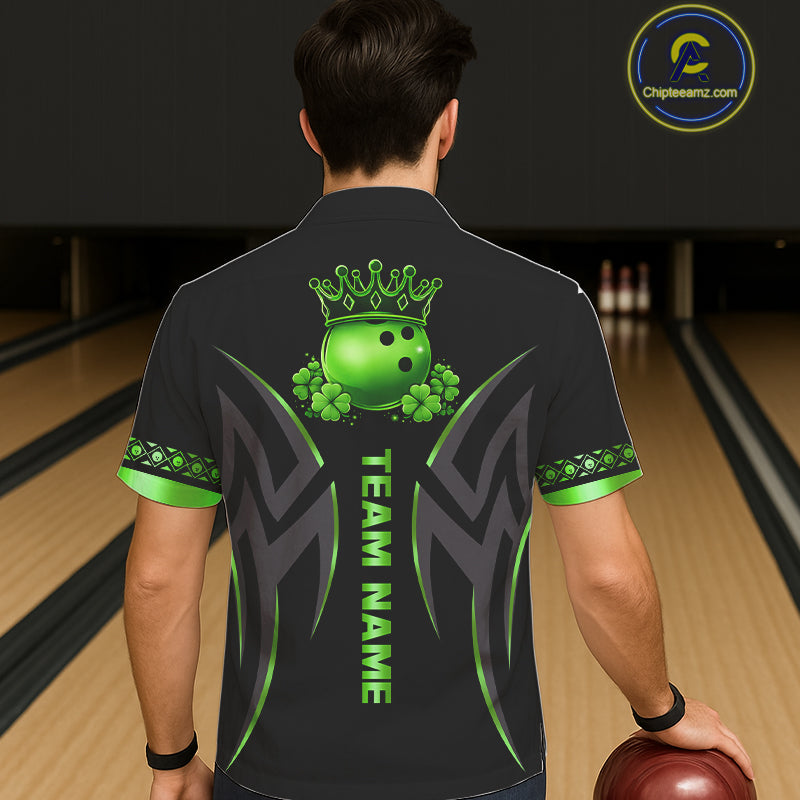 Black and Green clovers St Patrick's Day Bowling Button-up Shirt Custom Hawaiian Bowling Team jerseys NQS11692