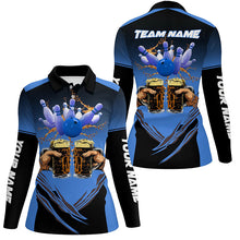 Load image into Gallery viewer, Bowling Beer Black and Blue Bowling Polo, 1/4 Quarter zip shirts Custom Women Team Bowling jerseys NQS8159