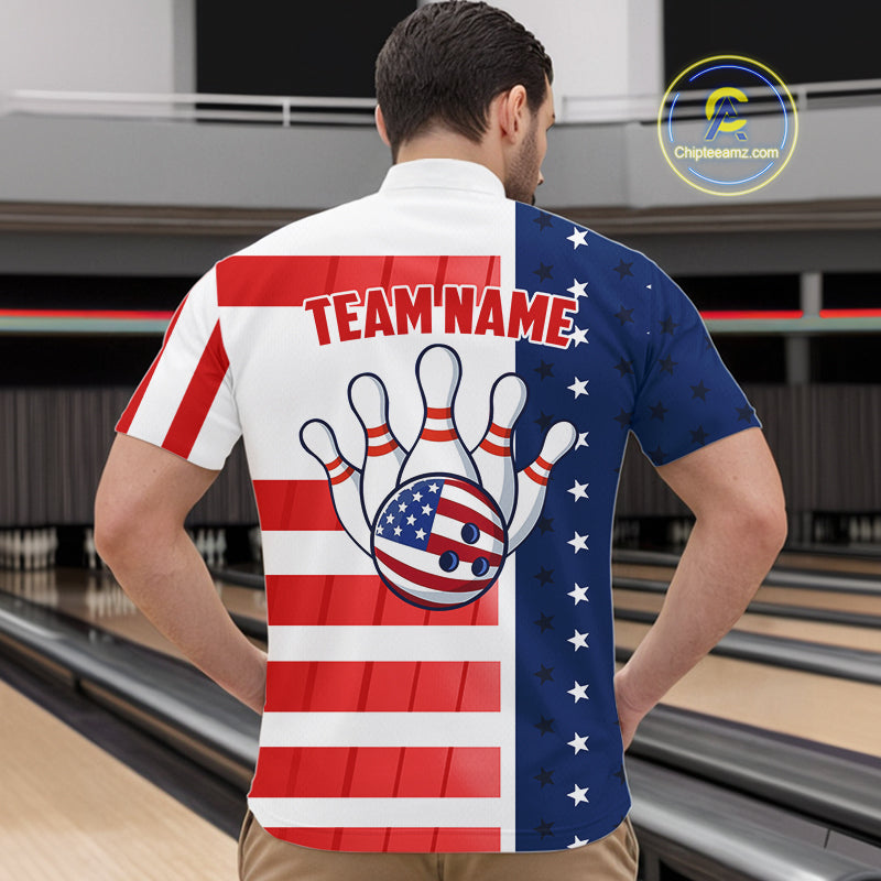 Red, White and Blue American Flag Bowling Shirts For Men Custom Patriotic Bowling Team Jerseys NQS11157