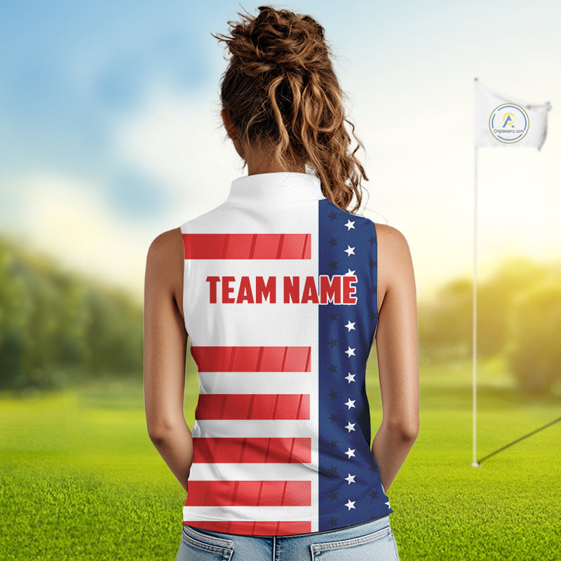 Red, White and Blue American Flag Sleeveless Polo Shirts Custom Patriotic Team Ladies Golf Outfit NQS11158