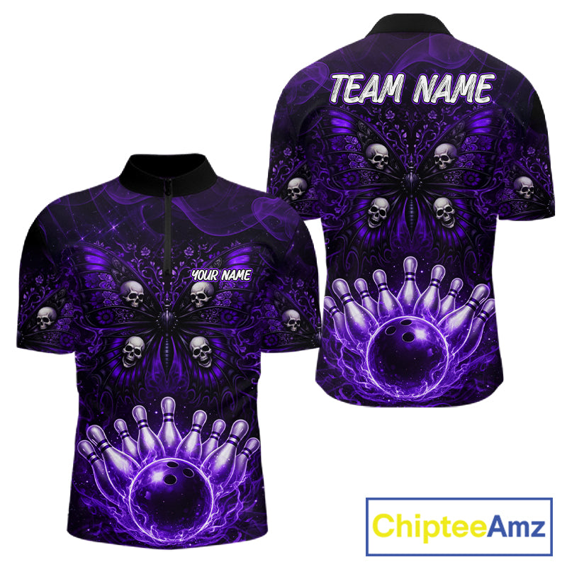 Personalized Black & Purple bowling jersey Butterfly skull Bowling Team Shirts, bowling gifts for men NQS11367