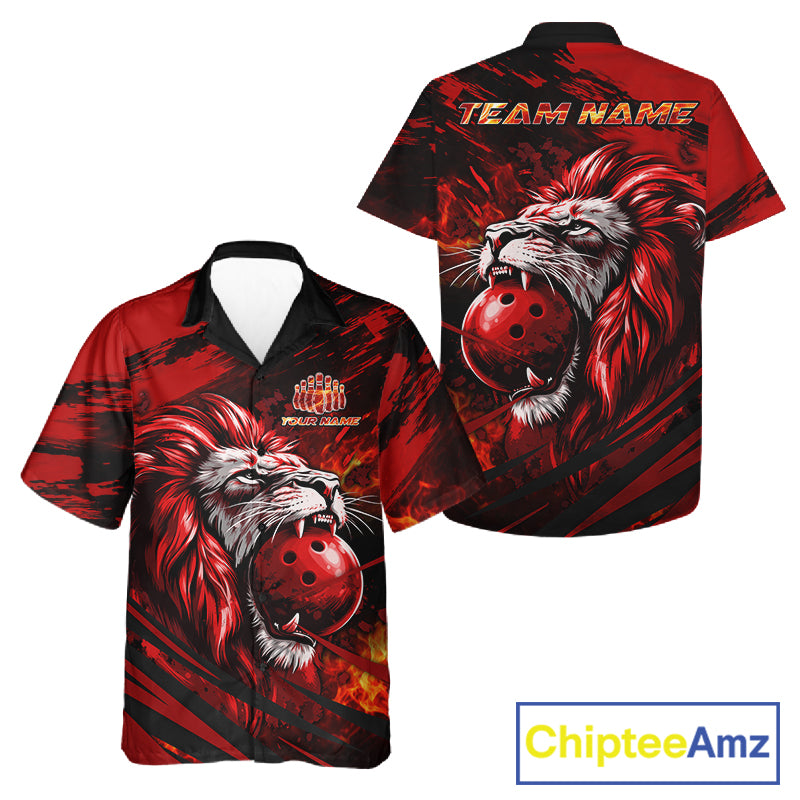 Black and Red Lion Bowling Hawaiian Jersey, Lion Bowling Team League button-up shirts NQS11572