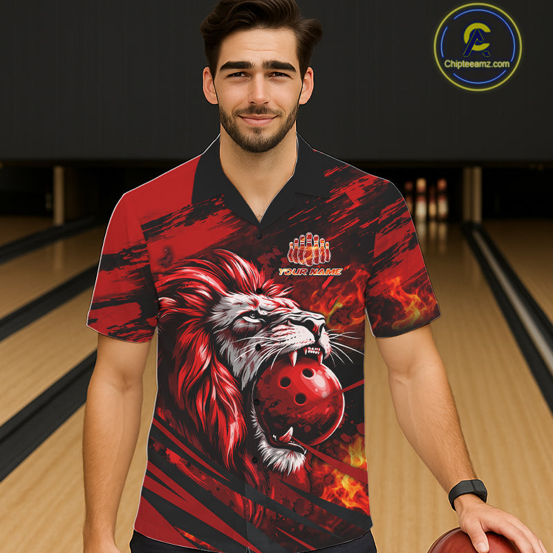 Black and Red Lion Bowling Hawaiian Jersey, Lion Bowling Team League button-up shirts NQS11572