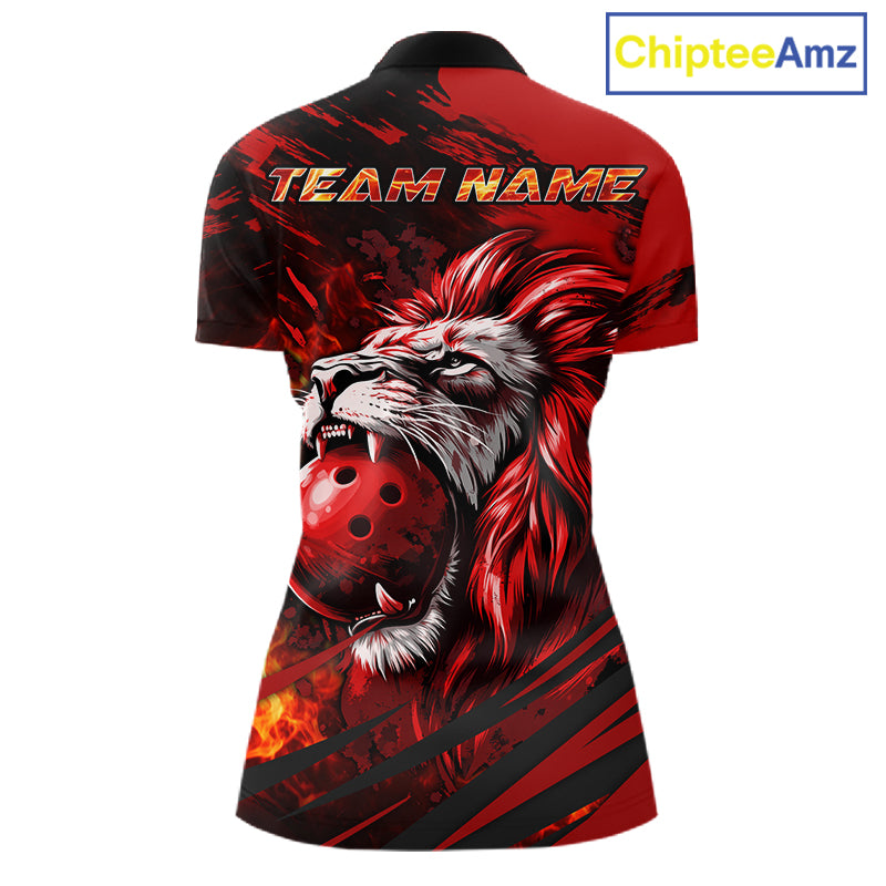 Black and Red Lion Bowling Polo, 1/4 Zip Jersey for Women, Lion Bowling Team League shirts NQS11572